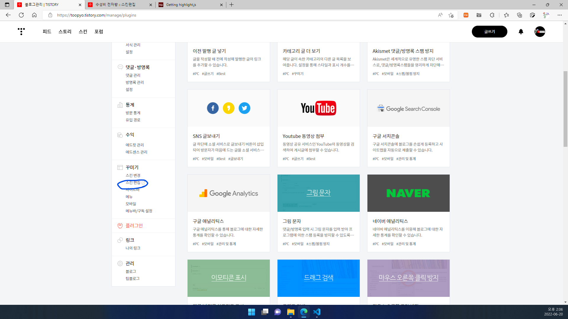 왼쪽 사이드바에서 스킨 편집 클릭
