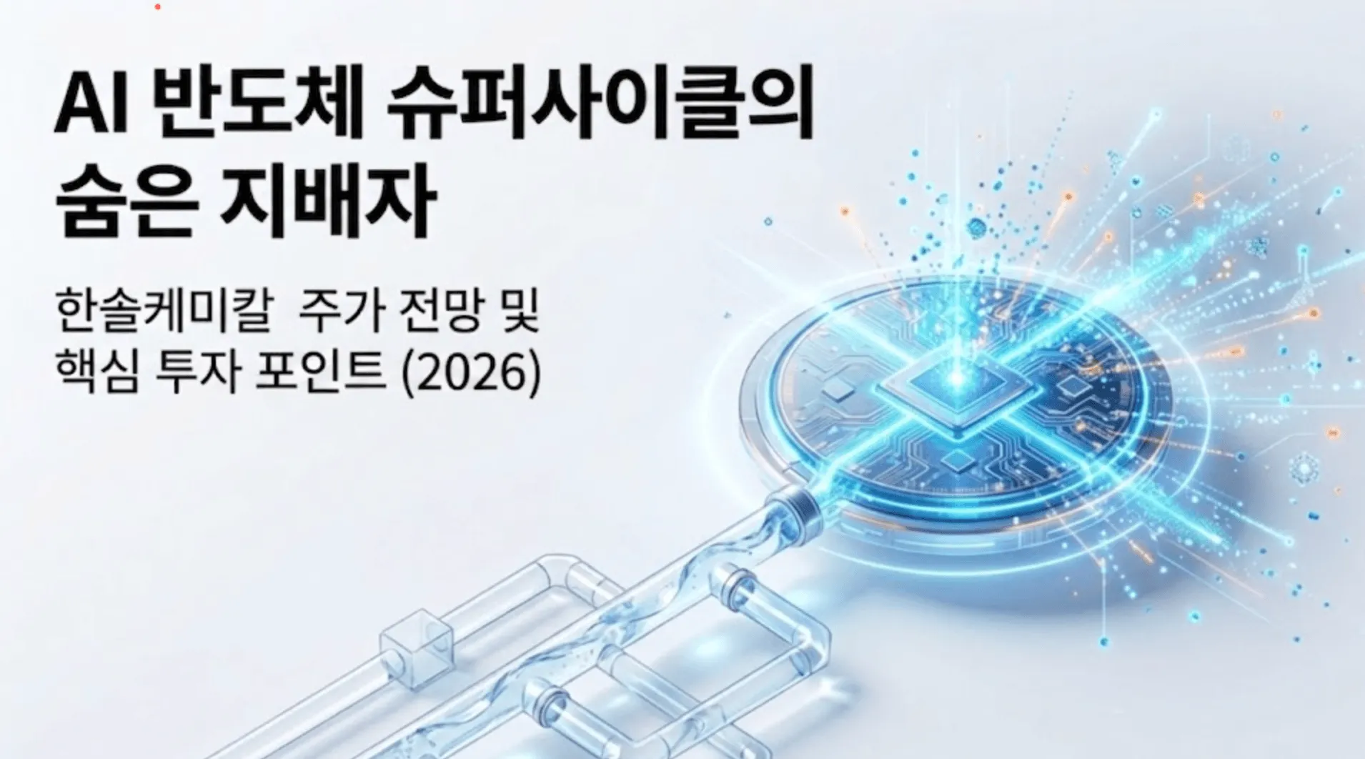 한솔케미칼 주가 전망: AI 반도체 슈퍼사이클의 숨은 지배자라는 문구와 함께 한솔케미칼 주가 전망 및 핵심 투자 포인트 2026을 소개하는 대표 이미지. 빛나는 반도체 칩과 과산화수소를 연상시키는 투명한 화학 배관이 연결된 일러스트로, 반도체 소재 기업 한솔케미칼의 전구체와 과산화수소 사업을 시각적으로 표현했다.