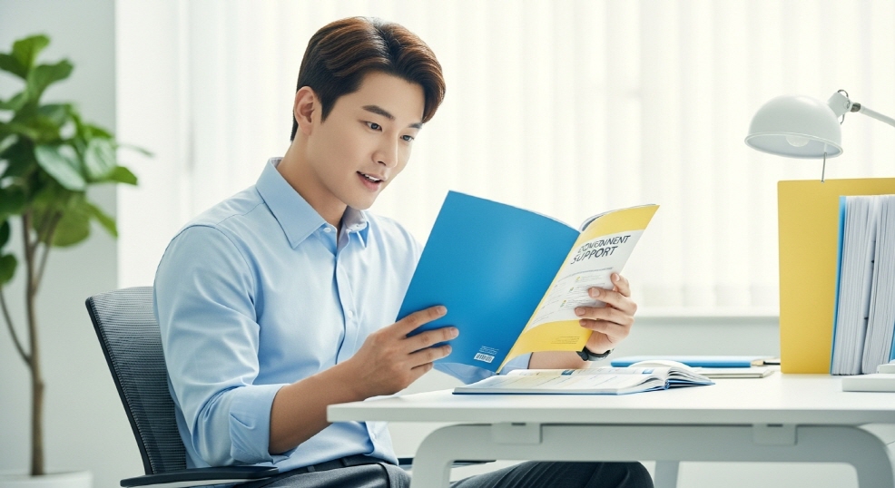 정부지원 안내서를 읽는 젊은 남성 사업자
