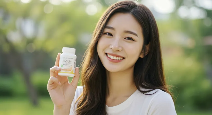 야외에서 비오틴 영양제를 들고 활짝 웃고 있는 여자 이미지
