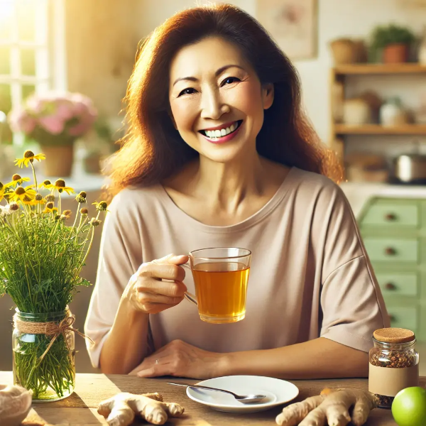 주방 테이블에서 허브차를 마시며 생강과 캐모마일로 구성된 자연 치유 루틴을 실천하는 동양인 중년 여성의 초고해상도 사진