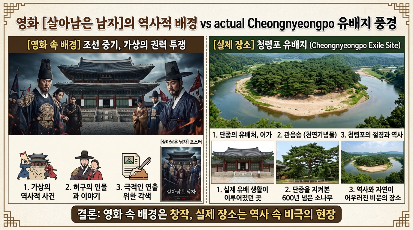 영화 왕과 사는 남자의 역사적 배경과 청령포 유배지의 실제 풍경을 비교하는 이미지