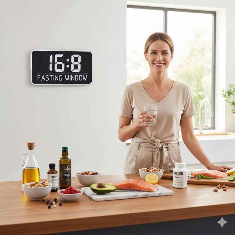 건강한 30대 직장인이 밝은 주방에서 간헐적 단식과 케토제닉 식단을 실천하는 라이프스타일 컨셉 이미지. 테이블 위에는 아보카도, 연어, 올리브오일, 견과류, MCT 오일 등 건강한 지방 식품들과 오메가-3 등 보충제 병들이 정갈하게 배치. 배경에는 시계가 16:8 단식 시간을 표시하고, 전체적으로 최적화된 뇌 건강을 위한 통합적 접근을 보여주는 현대적이고 깔끔한 이미지