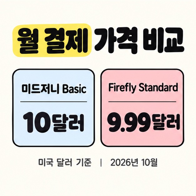 미국 달러 기준 2026년 10월 월 결제 가격으로 미드저니 Basic 10달러와 Firefly Standard 9.99달러를 나란히 표시한 비교