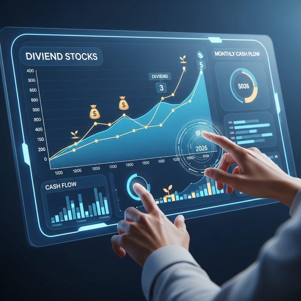 2026년 배당주 포트폴리오를 보여주는 미래 지향적인 금융 대시보드. 월 현금흐름을 상징하는 안정적인 그래프와 성장 아이콘이 보이는 화면을 바라보는 손.