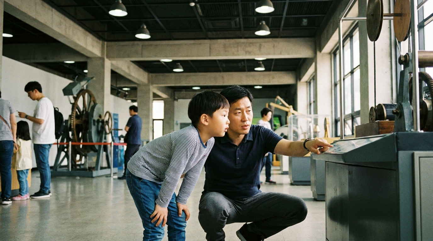 과학관 전시물 앞에서 신기하게 바라보는 아이