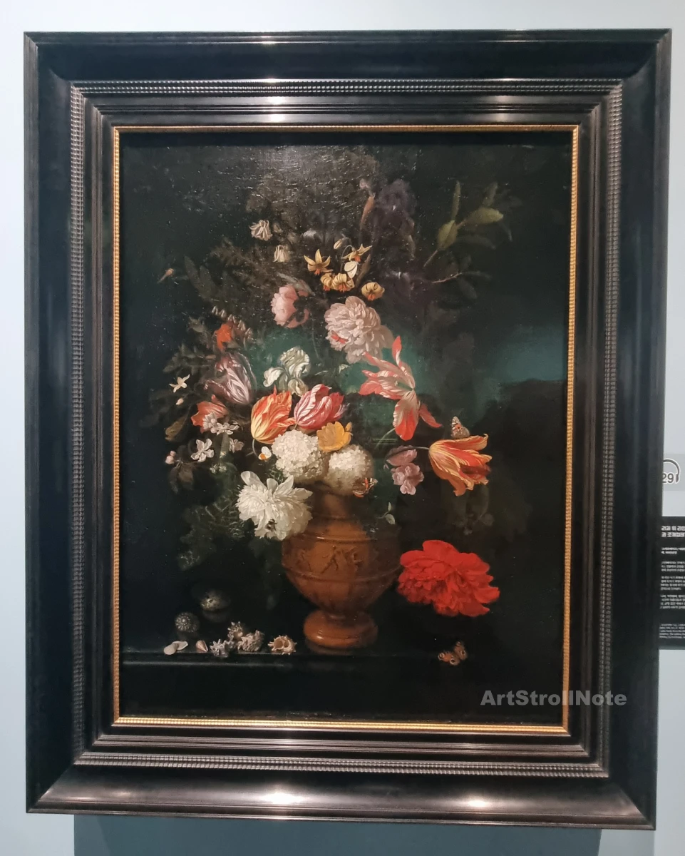 Maria van Oosterwijck- A bouquet of flowers in a Rhine stoneware vase on an entablature with an arrangement of shells - ArtStrollNote