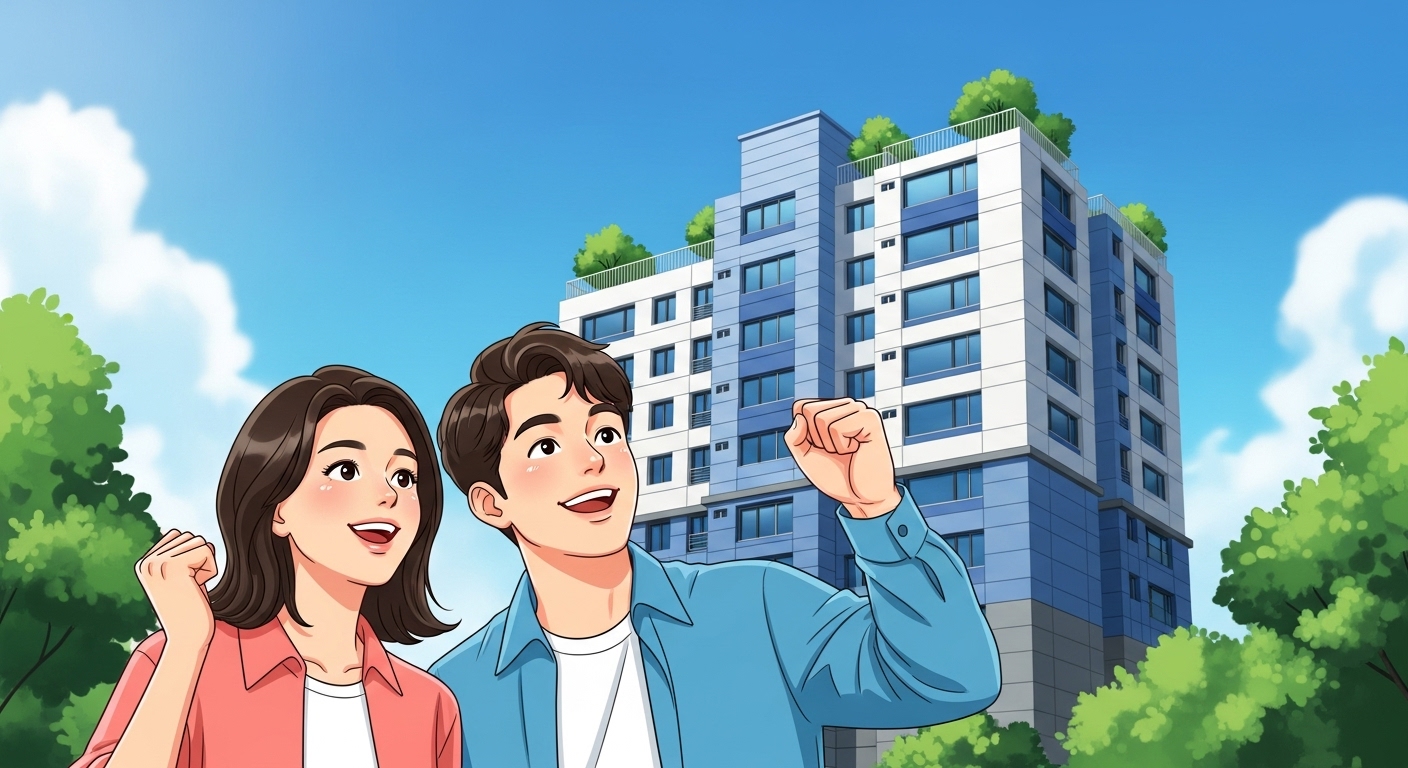 미래의 내 집 마련을 꿈꾸는 신혼부부와 청년이 현대적인 아파트 앞에서 행복하게 서 있는 모습