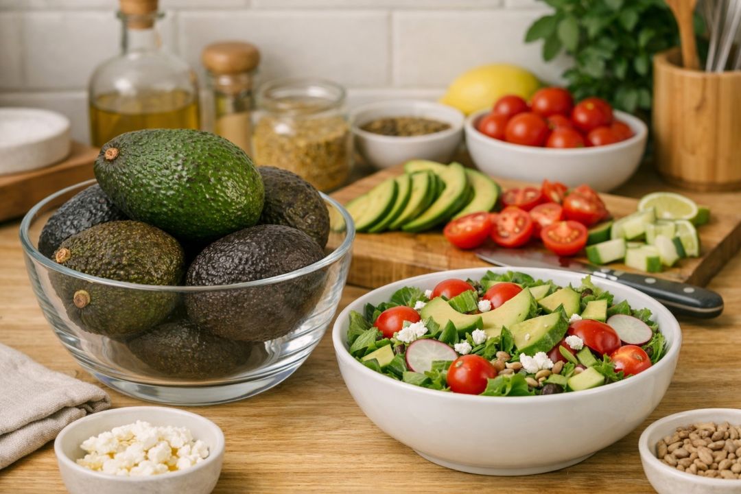 샐러드 재료와 함께 준비된 익은 아보카도 이미지