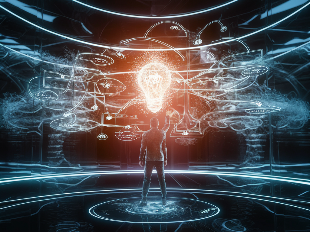 창의적인 문제 해결자가 공중에 떠 있는 마인드맵을 분석하는 모습. 미래적인 분위기에서 새로운 아이디어를 떠올리는 장면