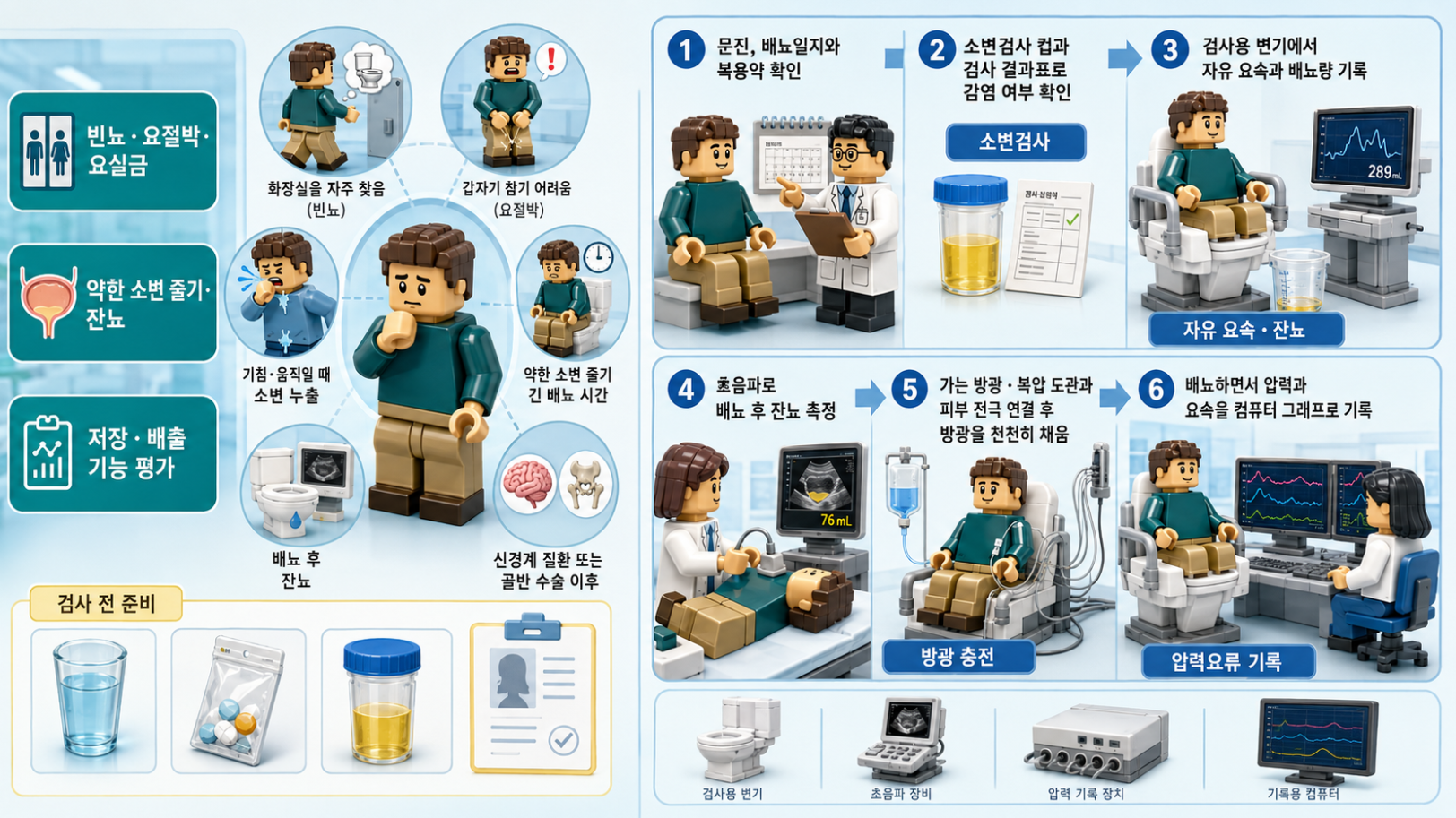 요역동학검사 시행 상황과 문진·소변검사·방광 충전·압력 기록 과정을 보여주는 의료 인포그래픽