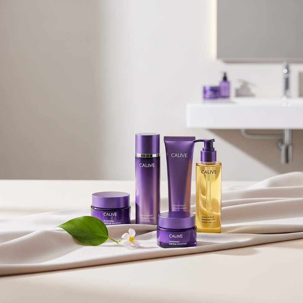2025 미니멀 스킨케어 핵심 제품들이 퍼플-옐로우 테마로 깔끔하게 정돈된 모습. 간결하면서도 효과적인 피부 관리 루틴을 상징합니다.