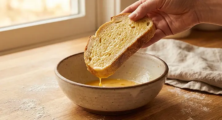 계란물에 식빵을 앞뒤 10초씩 적신 뒤 들어 올리는 과정 사진
