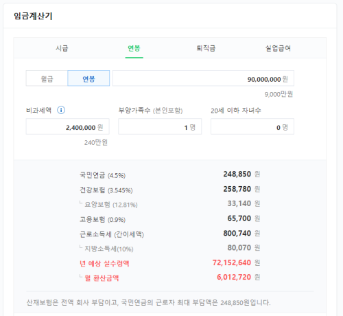 임금계산기-연봉9000만원-실수령액표