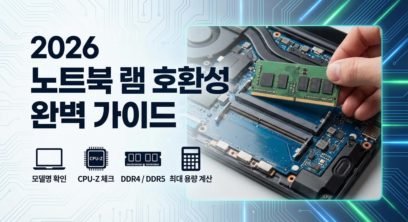 2026 노트북 램 호환성 완벽 가이드 썸네일 이미지입니다. 주요 내용인 모델명 확인, CPU-Z 체크, DDR4/DDR5 규격 확인, 최대 용량 계산 아이콘과 함께 노트북 메인보드에 램 메모리를 장착하려는 손의 모습이 담겨있습니다.