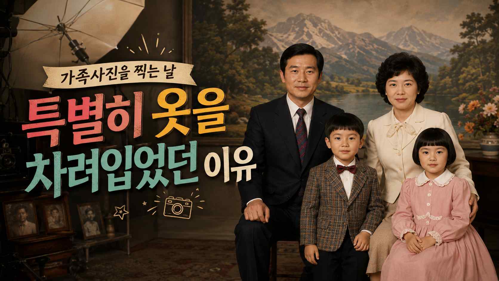 단정한 정장과 원피스를 입은 부모와 두 아이가 사진관 배경 앞에서 가족사진을 찍고 있으며 왼쪽에 &lsquo;가족사진을 찍는 날 특별히 옷을 차려입었던 이유&rsquo;라는 제목이 보이는 모습
