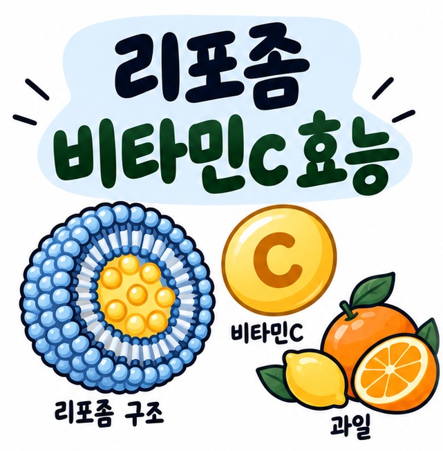 리포좀 구조와 비타민C 아이콘 옆에 리포좀 비타민c 효능이라는 제목이 크게 적힌 대표 썸네일