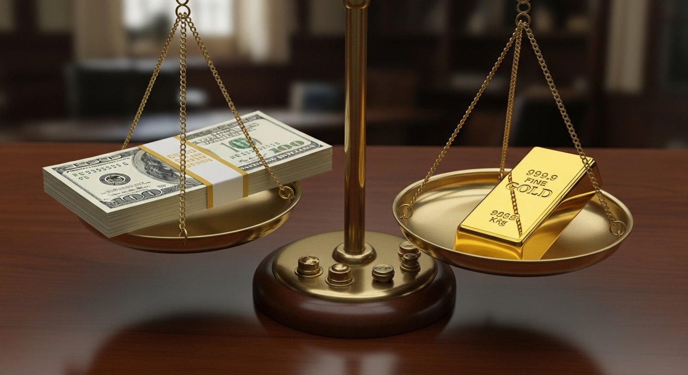 달러 지폐와 금괴가 저울에 놓여 균형을 맞추는 모습