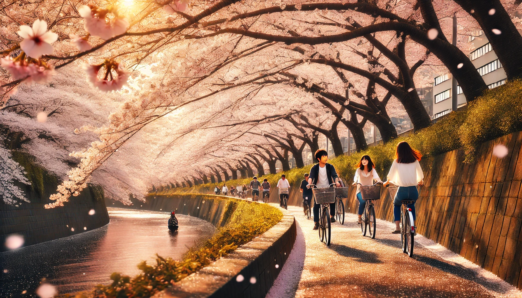 벚꽃이 만개한 일본의 자전거 도로를 달리는 모습