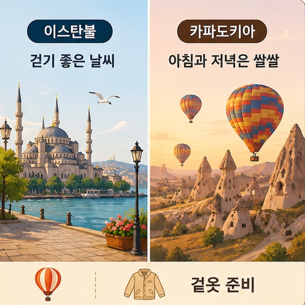 이스탄불과 카파도키아의 봄과 가을 풍경을 비교해 도시 관광에는 쾌적하지만 내륙 카파도키아의 아침과 저녁은 쌀쌀할 수 있음을 보여 주는 그림