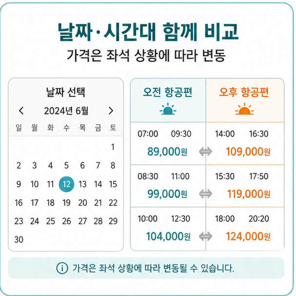 여러 날짜와 오전·오후 항공편 가격을 비교해 제주 항공권을 찾는 화면