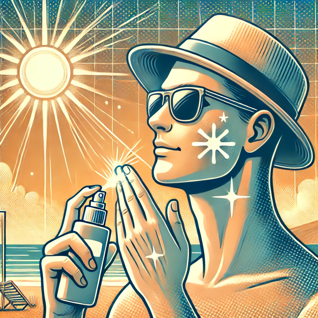 선크림을 바르고 선글라스와 모자를 쓴 사람이 햇볕 아래에서 자외선을 차단하는 모습. 밝은 태양 아래에서 자외선 차단의 중요성을 강조하는 장면