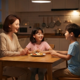 저녁 시간 아이와 웃으며 대화하는 모습
