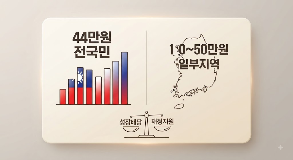 대만 전국민 44만원과 한국 지자체 10~50만원 지원금을 좌우로 비교한 인포그래픽