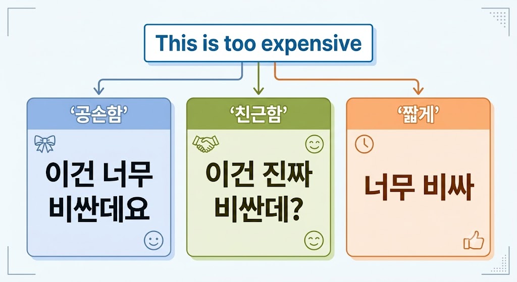 "This is too expensive"라는 영어 문장을 공손한 표현, 친근한 표현, 짧은 표현으로 각각 한글 번역한 결과를 한눈에 비교하는 이미지. 각 번역 옵션이 별도의 박스로 표시되고 아이콘으로 톤이 구분됨.
