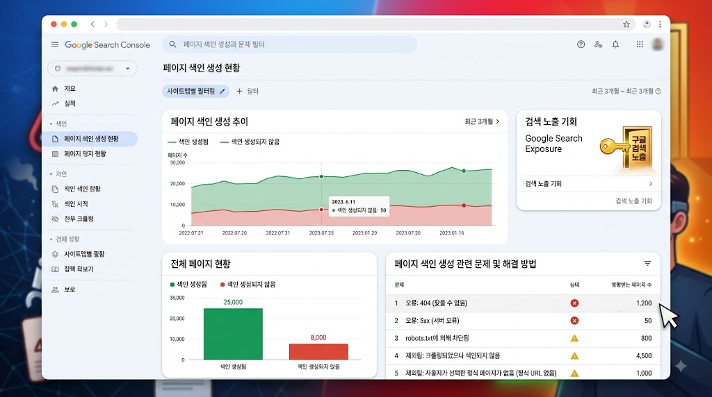구글 서치콘솔 색인 생성 현황 페이지에서 미등록 원인을 나타내는 대시보드 화면