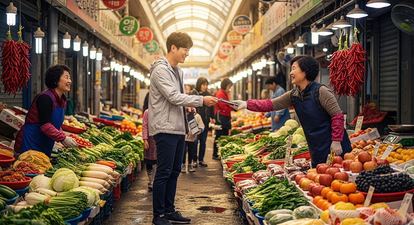 재래시장에서 장을 보고있는 청년