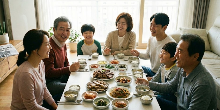 경제적 부담 없이 식사를 함께하며 웃는 다세대 가족의 따뜻한 모습, 부양의무자 기준 폐지로 인한 가족 관계 개선을 상징