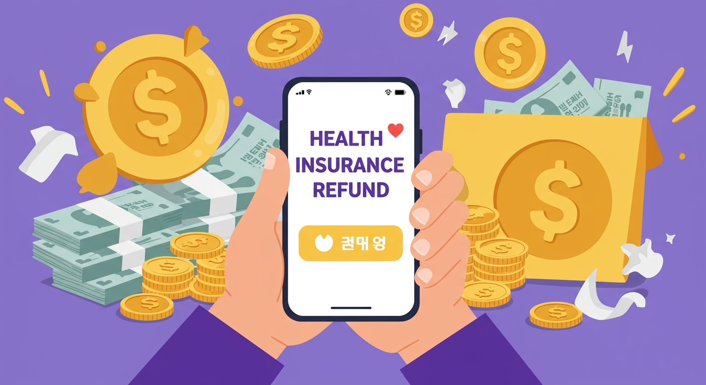 건강보험료 과오납 환급 알림을 받고 기뻐하는 사람의 모습, 건강보험료 환급의 기쁨과 금전적 이득을 상징.