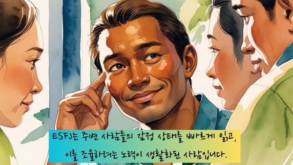 ESFJ는 주변 사람들의 감정 상태를 빠르게 읽고, 이를 조율하려는 노력이 생활화된 사람입니다에 관한 그림입니다