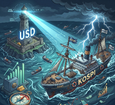 Sinking KOSPI ship in a storm with USD lighthouse / 글로벌 변동성 속 한국 증시 급락과 달러 강세