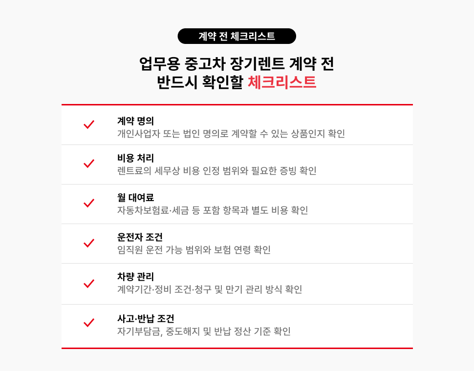 업무용 중고차 장기렌트 계약 전 명의 비용 처리 운전자 보험 정비 반납 조건 6가지 체크리스트