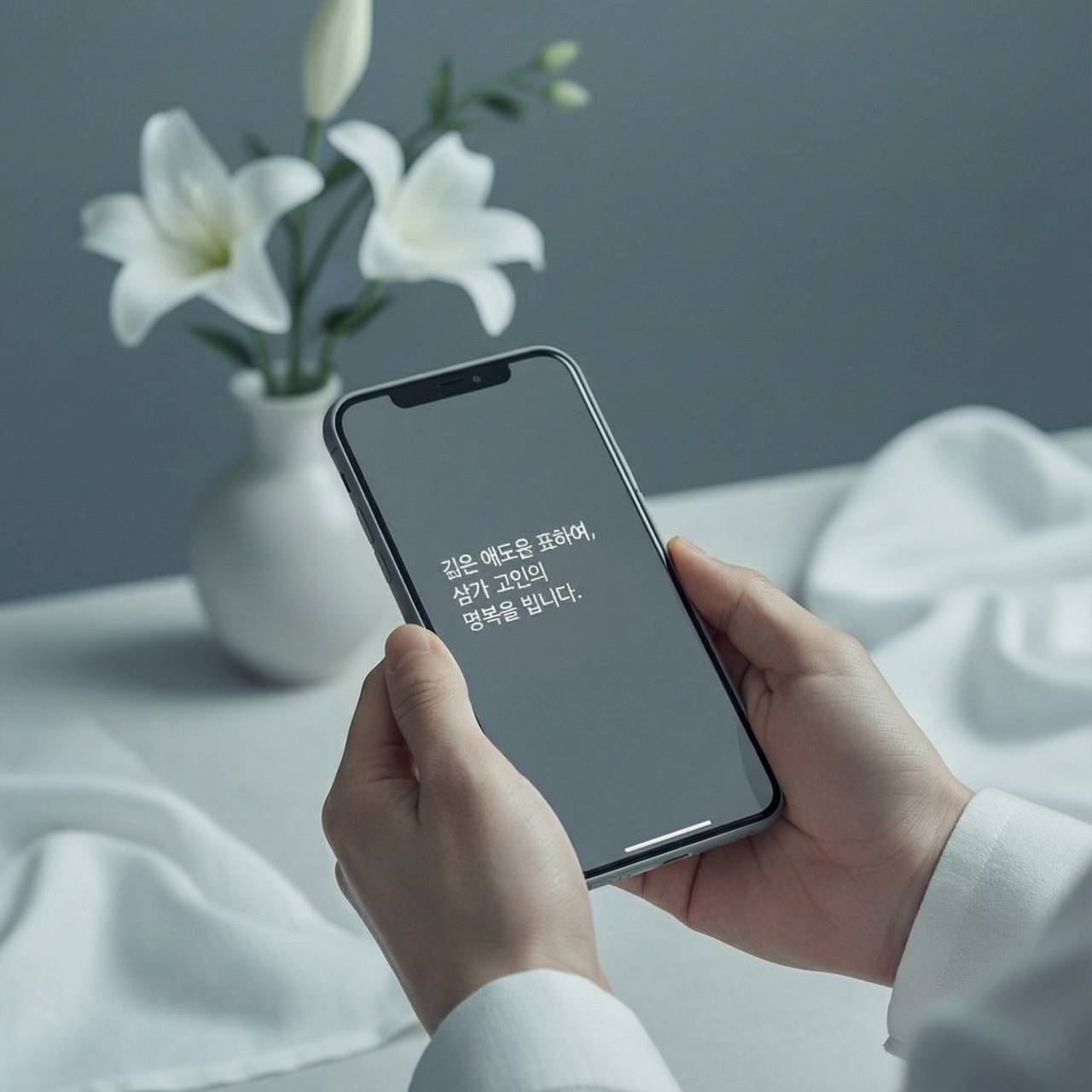 스마트폰을 손에 들고 조의 답변 문자를 작성하고 있습니다.