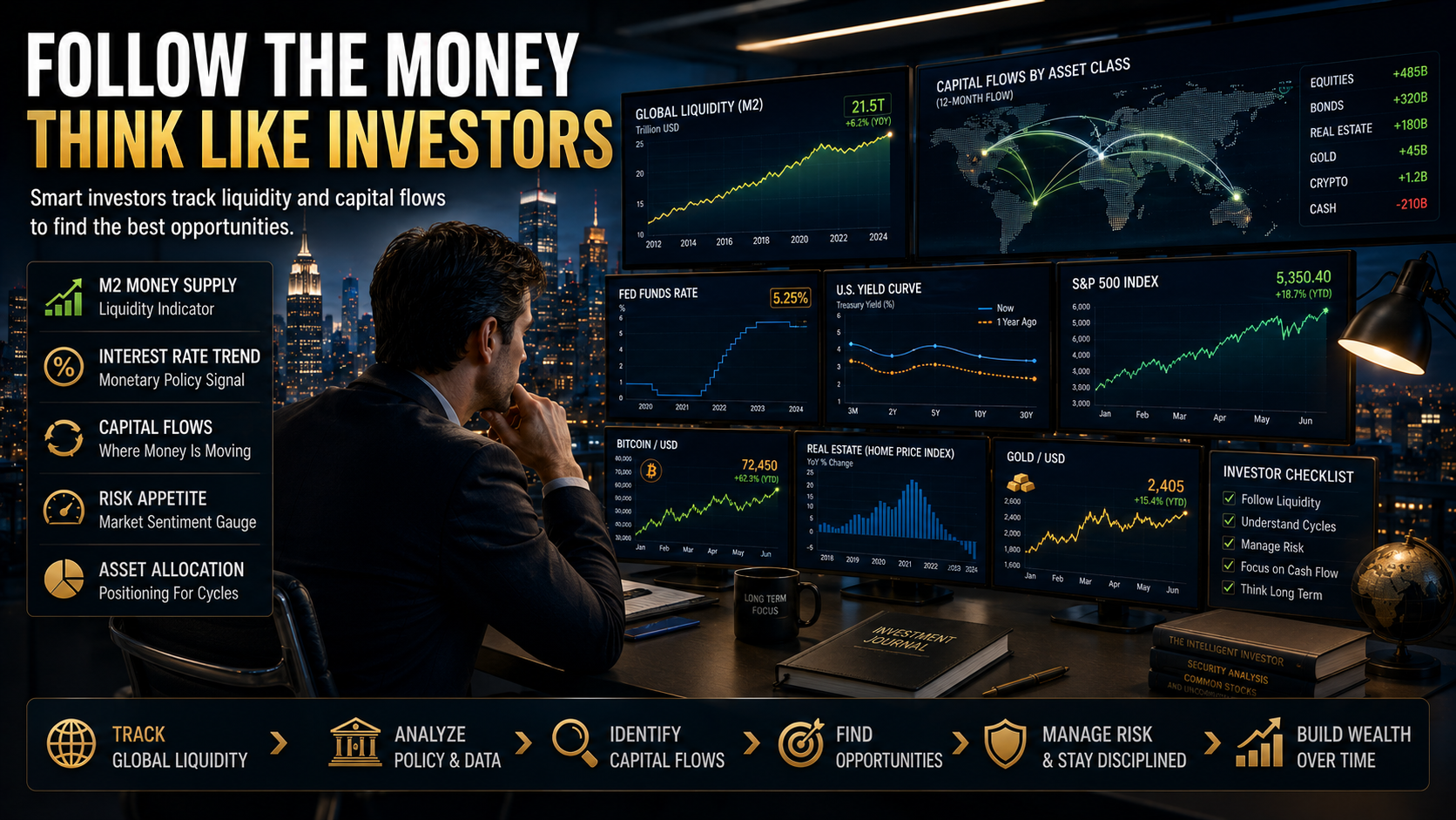 Investor tracking liquidity trends and capital flows to identify long-term investment opportunities