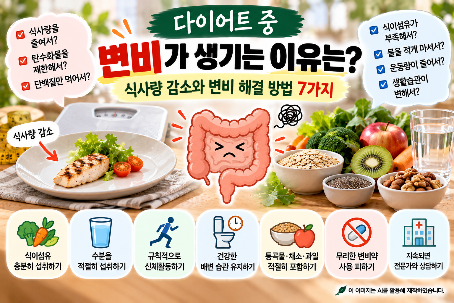 다이어트 중 식사량 감소와 식이섬유&middot;수분 부족으로 변비가 생기는 원인 및 변비 해결 방법 7가지를 설명하는 이미지