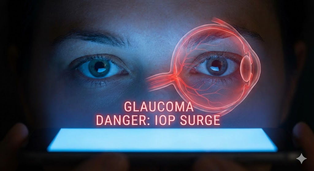 어두운 침실에서 스마트폰의 강렬한 블루라이트가 눈을 비추고, 그 위로 위험을 알리는 '안압 상승' 경고 그래프와 시신경 손상 이미지가 겹쳐진 전문가적 썸네일