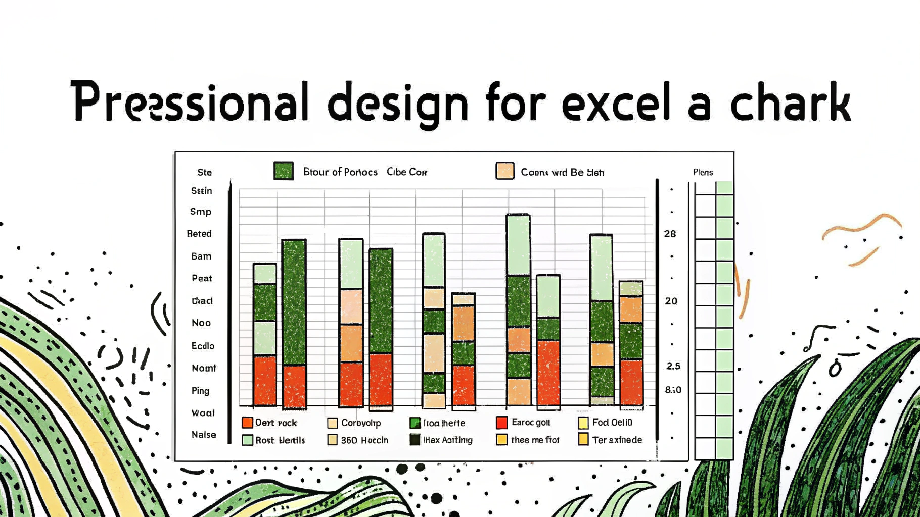 엑셀 막대 차트를 배경으로 "Pressional design for excel a chark"라는 오타가 포함된 문구가 적혀 있는 일러스트로, 다양한 항목과 색상이 포함된 데이터 시각화 그래프와 장식적인 식물 요소들이 어우러진 디자인.