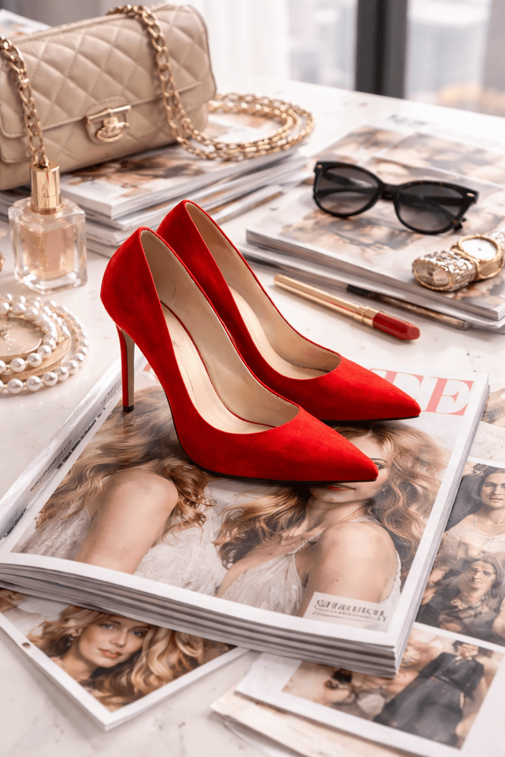 패션 잡지와 빨간 하이힐로 표현한 뉴욕 패션 업계의 화려한 분위기를 표현한 AI창작이미지