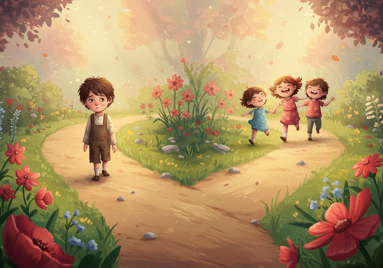 불안한 아이와 친구들과 함께인 아이가 갈라지는 미래 길 일러스트