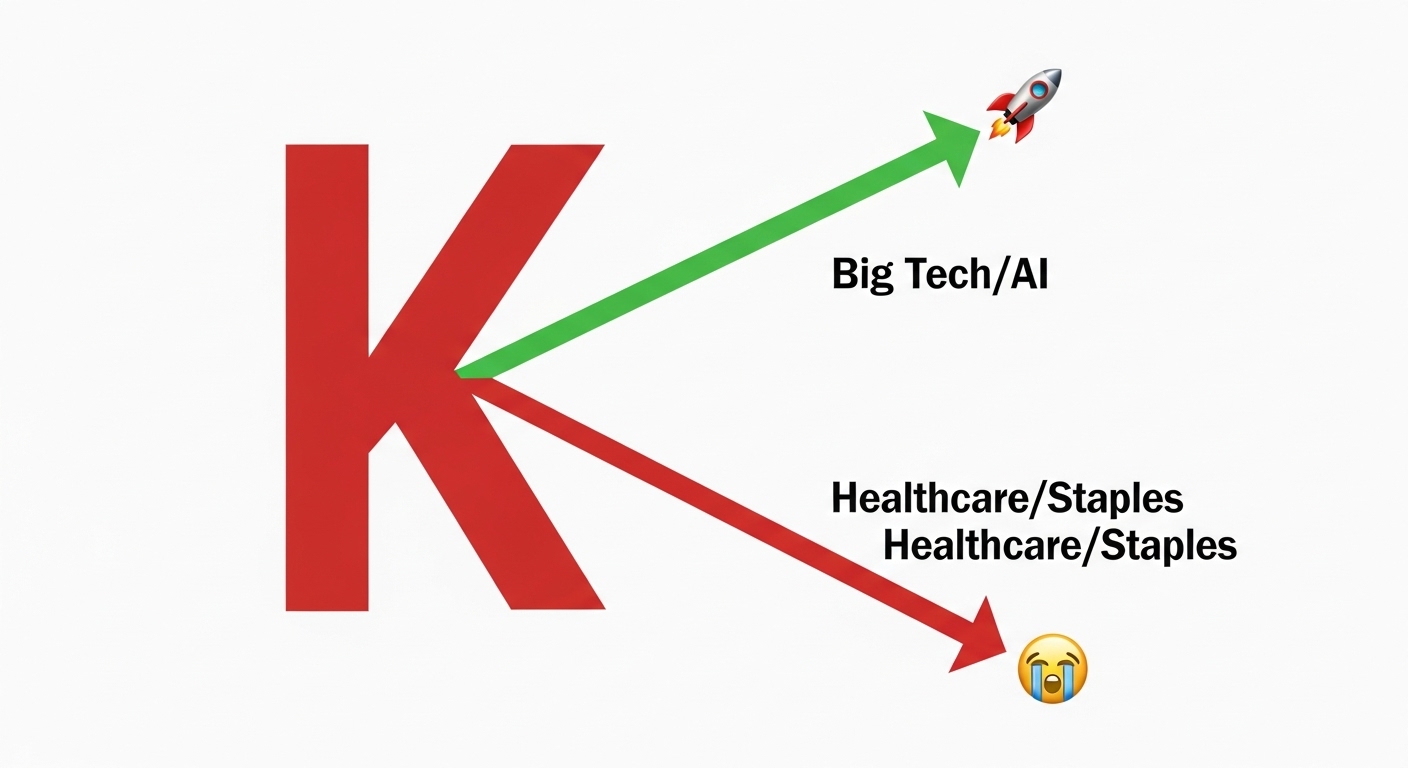 'K자' 그래프 (빅테크는 떡상, 헬스케어/소비재는 떡락)와 '공포'에 빠진 투자자들