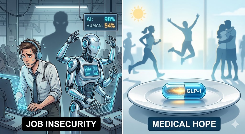 한쪽에는 AI로봇과 경쟁하며 긴장한 직장인, 다른 한쪽에는 접시 위에 놓인 빛나는 알약(비만치료제)의 대비
