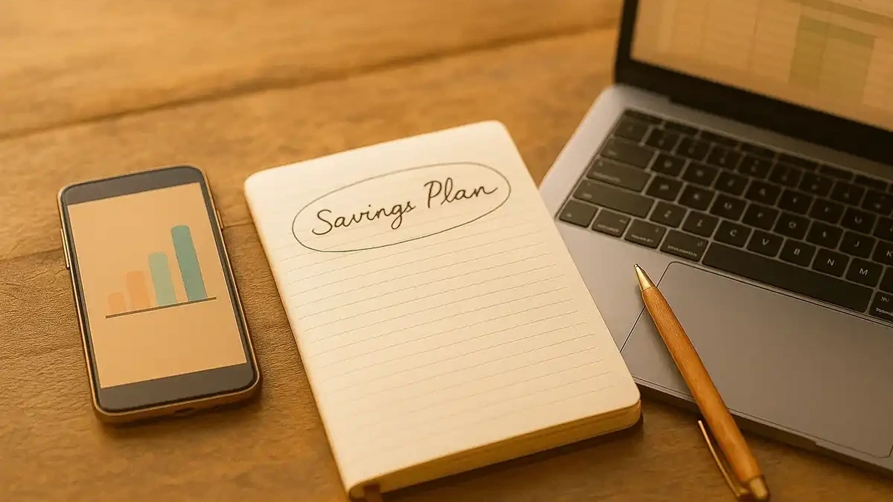 스마트폰 가계부 앱 화면, 엑셀 차트, 손글씨 노트가 조화롭게 배치된 현대적인 워크스페이스 이미지