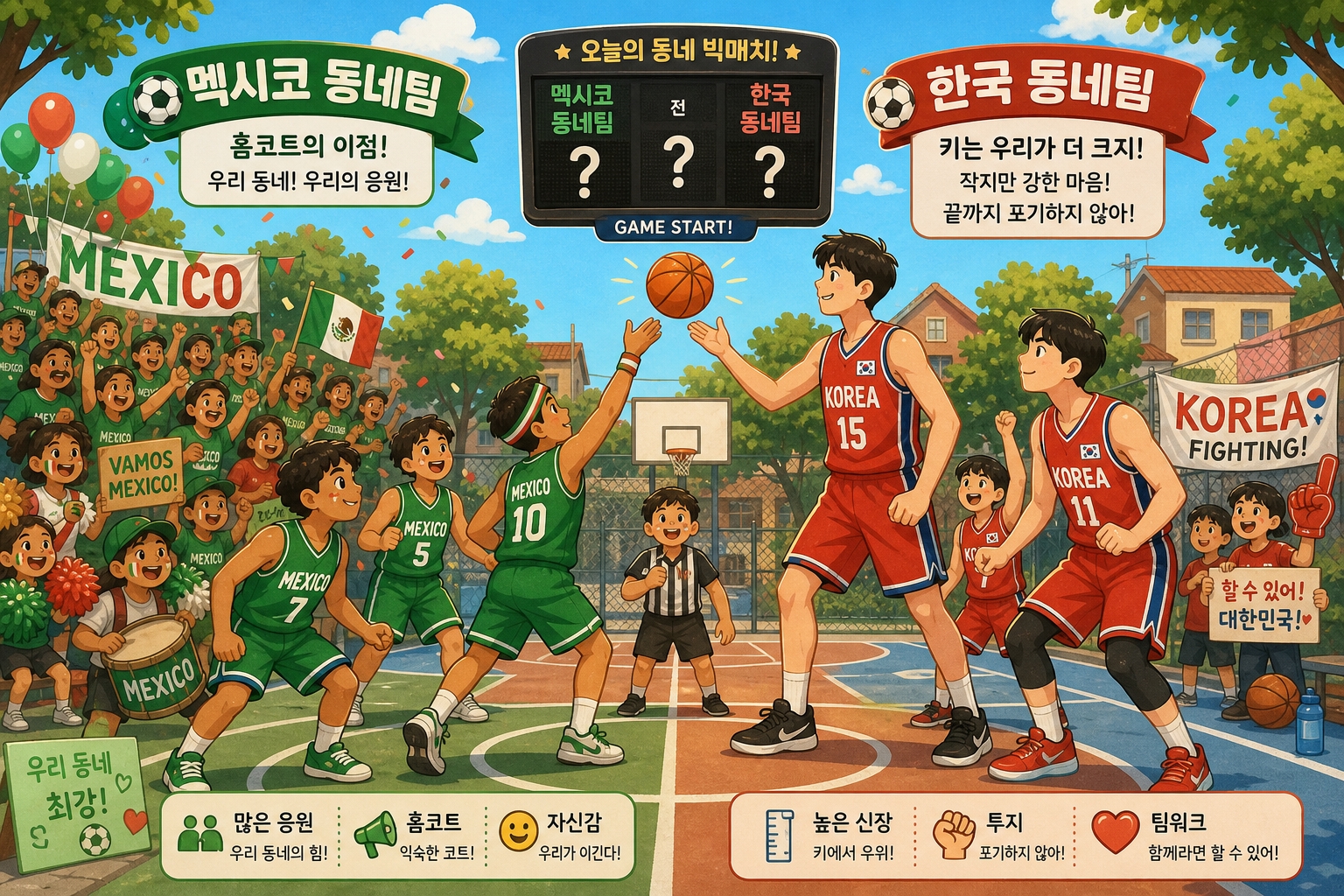 한국 vs 멕시코 6월 19일 경기를 동네 농구 대결로 비유한 일러스트