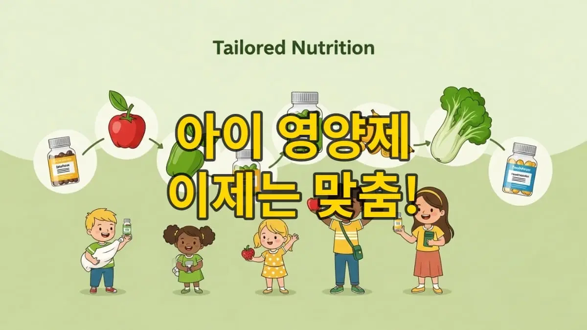 생애주기별 영양제 맞춤 설계를 보여주는 인포그래픽, 다양한 연령대의 아이들과 건강한 식재료, 영양제 병이 조화롭게 배치되어 있습니다.