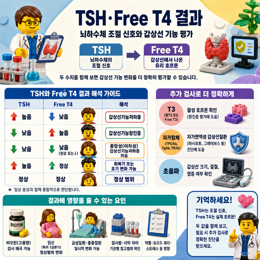 TSH와 Free T4 결과 해석을 설명하는 레고 스타일 갑상선 기능검사 메디컬 인포그래픽