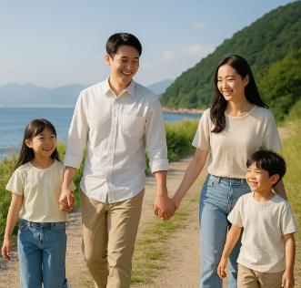 인천 바다 해안 산책로에서 산책하며 즐거워하는 가족 모습